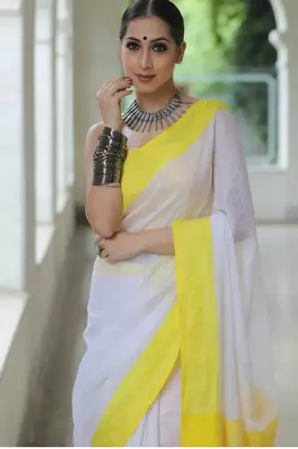 handwoven white linen saree