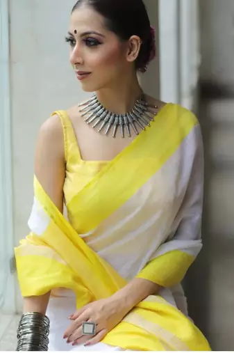 handwoven white linen saree