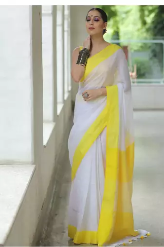 handwoven white linen saree