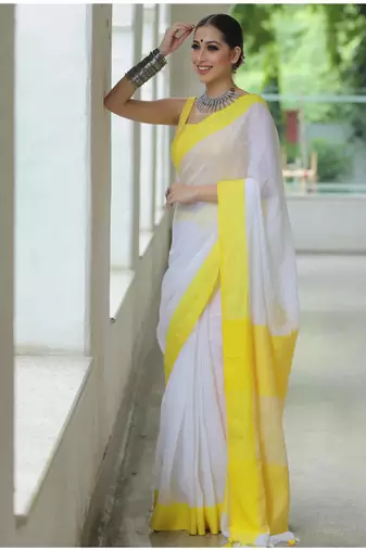 handwoven white linen saree