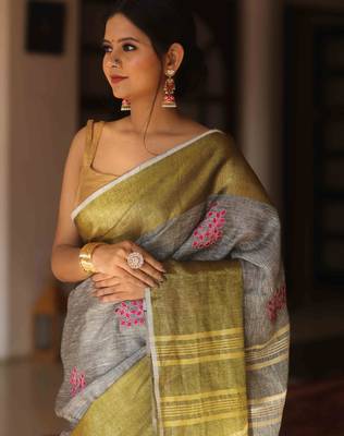 handwoven grey embroidered saree 1
