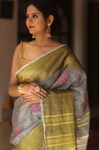 handwoven grey embroidered saree