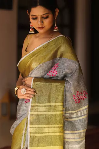 handwoven grey embroidered saree