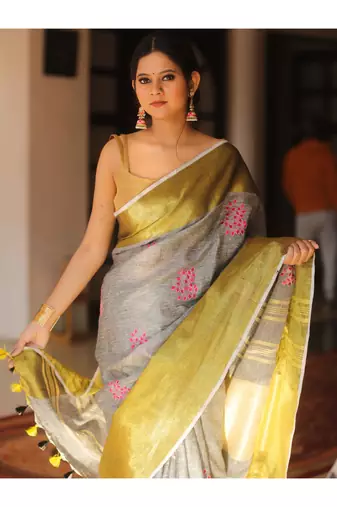handwoven grey embroidered saree