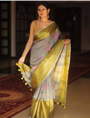 handwoven grey embroidered saree 4