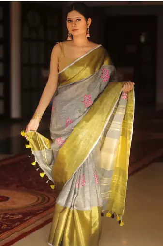 handwoven grey embroidered saree
