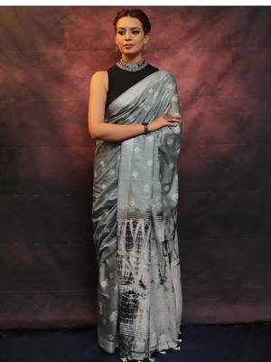 handwoven grey cotton linen saree with shibori print 1