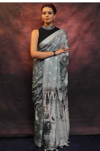 handwoven grey cotton linen saree with shibori print