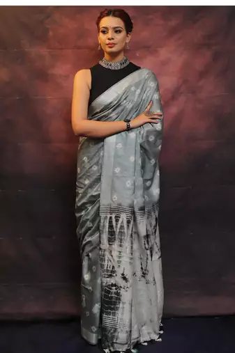 handwoven grey cotton linen saree with shibori print