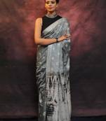 handwoven grey cotton linen saree with shibori print
