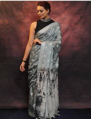 handwoven grey cotton linen saree with shibori print 2