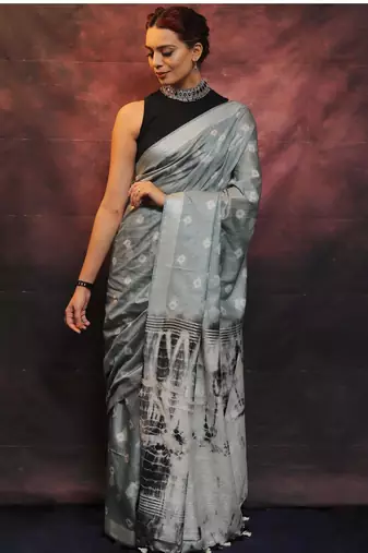 handwoven grey cotton linen saree with shibori print