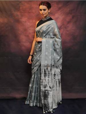 handwoven grey cotton linen saree with shibori print 3