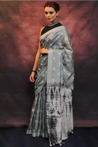 handwoven grey cotton linen saree with shibori print