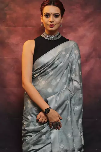 handwoven grey cotton linen saree with shibori print