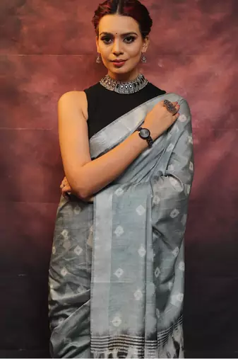 handwoven grey cotton linen saree with shibori print