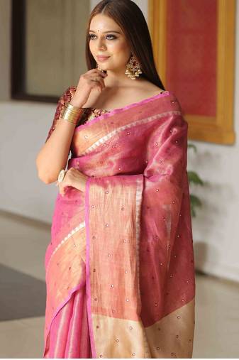 Pink handwoven tissue linen saree with mirror work