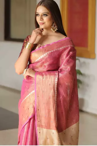 Pink handwoven tissue linen saree with mirror work