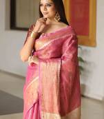 Pink handwoven tissue linen saree with mirror work