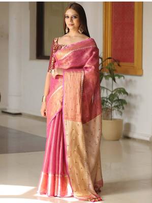 Pink handwoven tissue linen saree with mirror work 2
