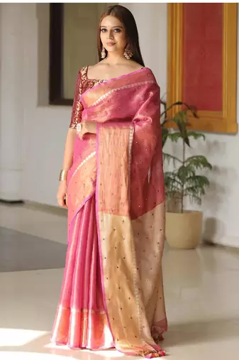 Pink handwoven tissue linen saree with mirror work