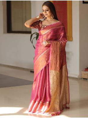 Pink handwoven tissue linen saree with mirror work 3
