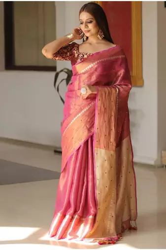 Pink handwoven tissue linen saree with mirror work
