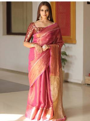Pink handwoven tissue linen saree with mirror work 4