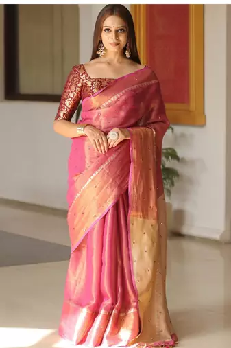 Pink handwoven tissue linen saree with mirror work