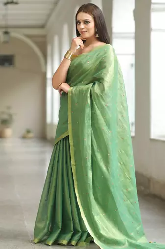 handwoven green tissue linen saree with mirror work