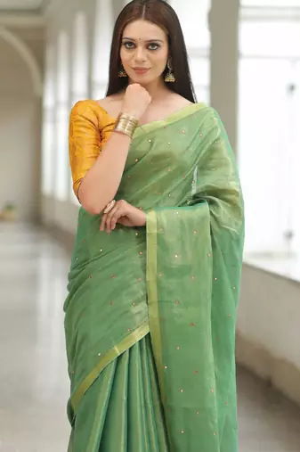 handwoven green tissue linen saree with mirror work
