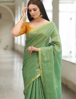 handwoven green tissue linen saree with mirror work 5