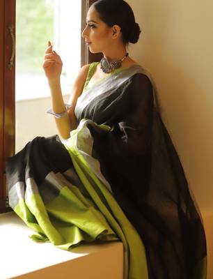 handwoven black linen saree 2