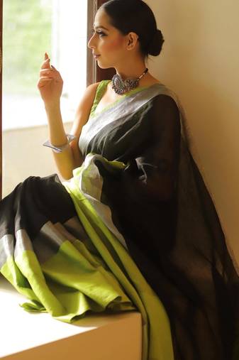 handwoven black linen saree