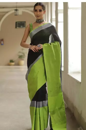 handwoven black linen saree