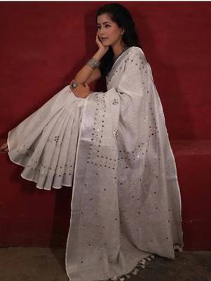 handwoven white linen saree with mirror work 1