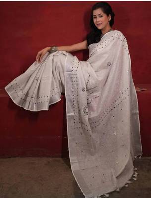 handwoven white linen saree with mirror work 2