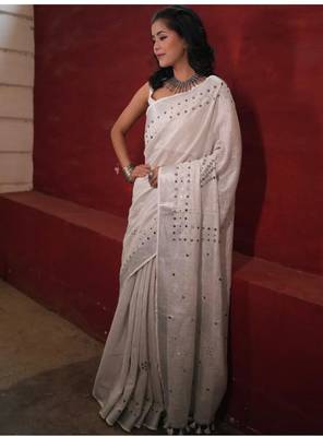 handwoven white linen saree with mirror work 3