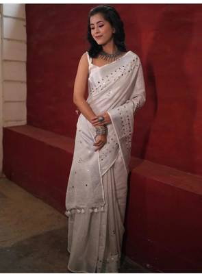 handwoven white linen saree with mirror work 4