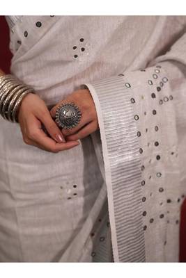 handwoven white linen saree with mirror work 5