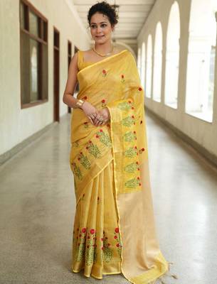 handwoven yellow saree with embroidery work 1