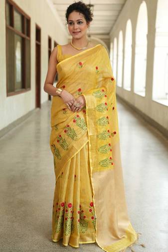 handwoven yellow saree with embroidery work