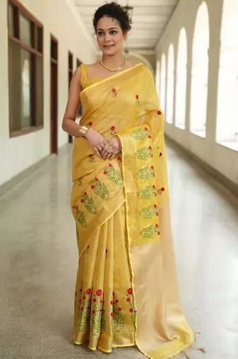 handwoven yellow saree with embroidery work