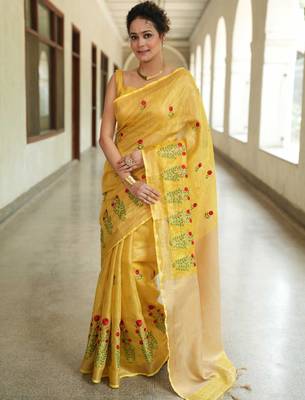 handwoven yellow saree with embroidery work 2
