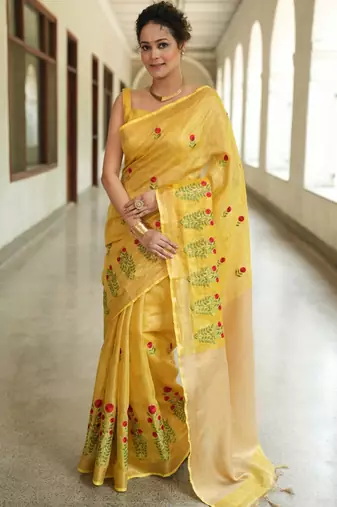 handwoven yellow saree with embroidery work