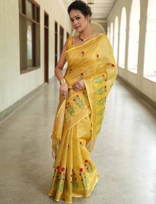 handwoven yellow saree with embroidery work 3