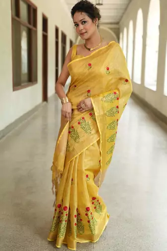 handwoven yellow saree with embroidery work