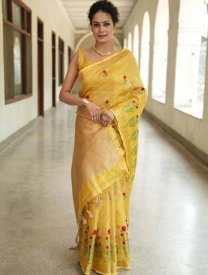 handwoven yellow saree with embroidery work 4