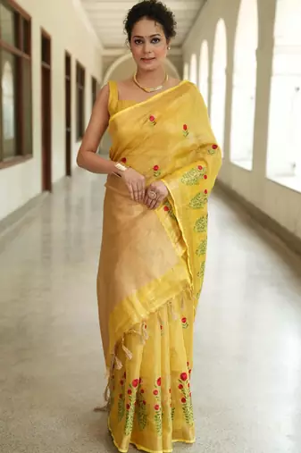 handwoven yellow saree with embroidery work