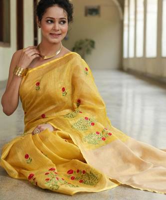 handwoven yellow saree with embroidery work 5